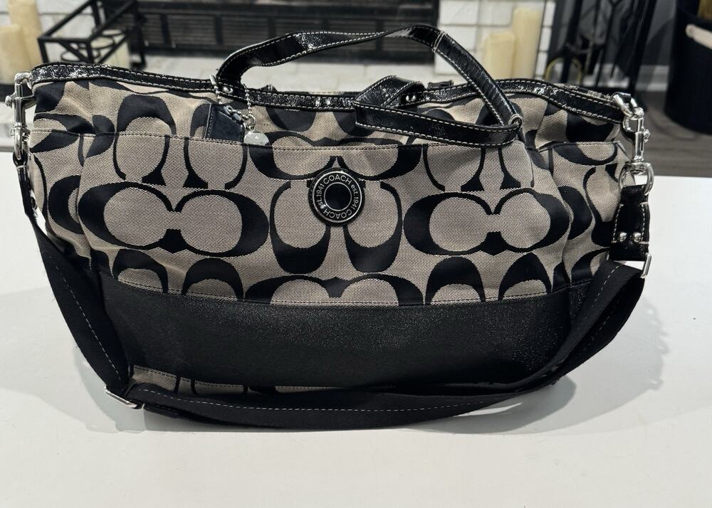 Coach Signature Stripe Gray And Black Multifunction/Diaper Bag XL